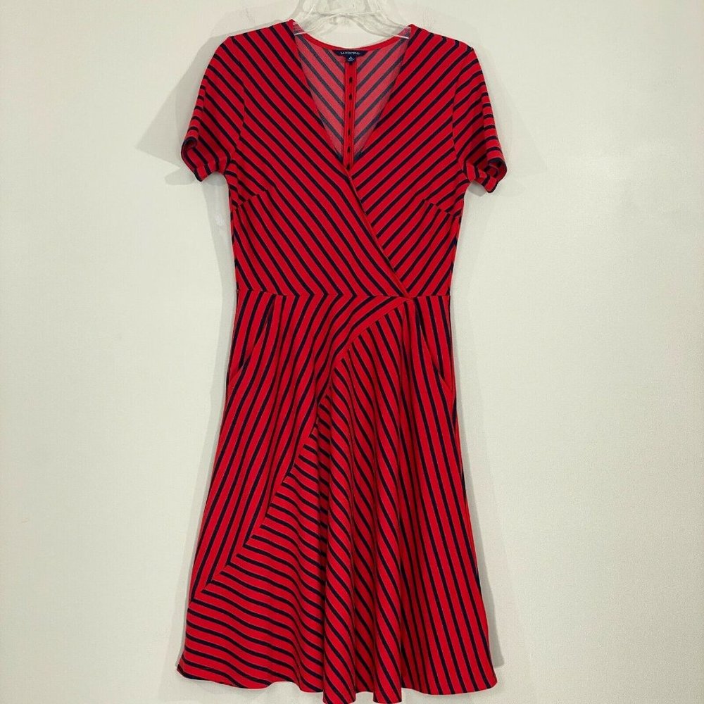 Lands' End Red & Black Striped Faux Wrap Dress, S